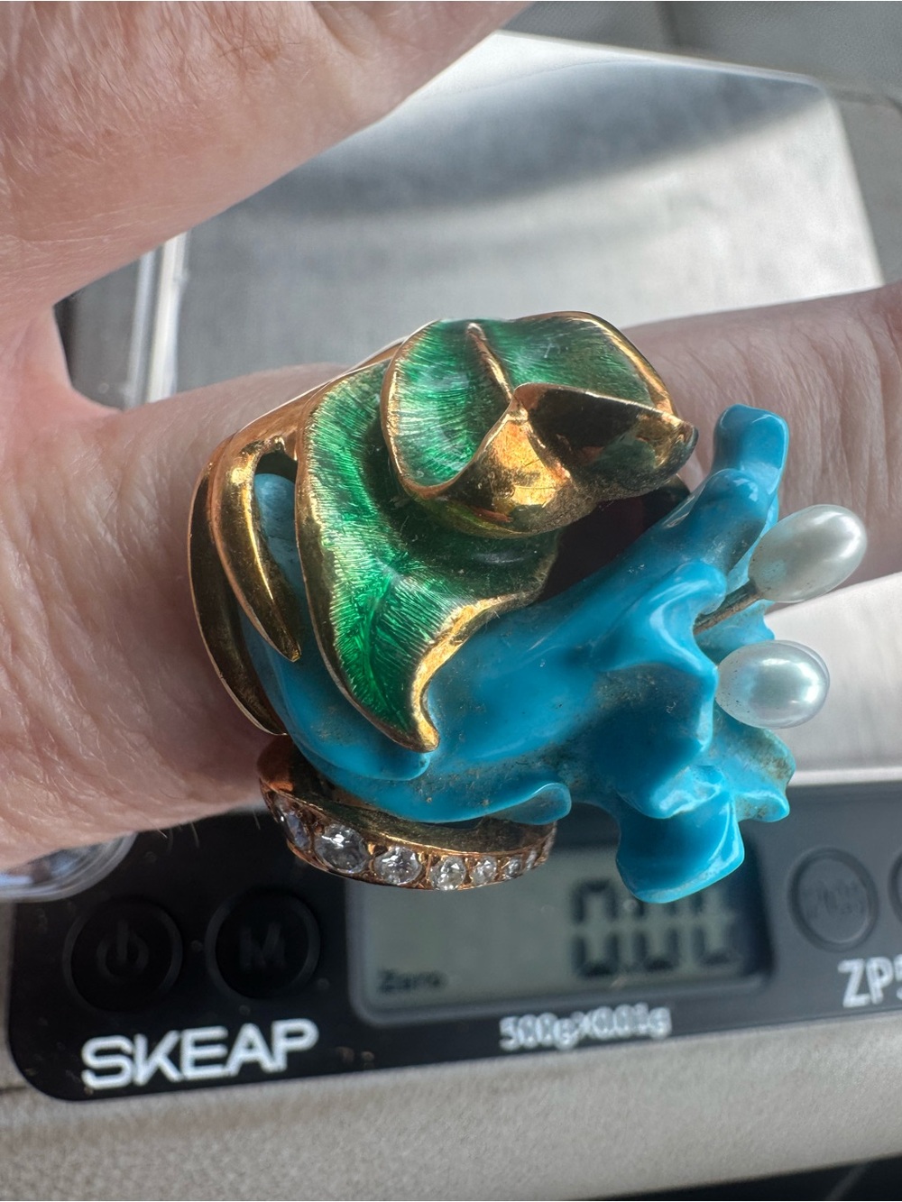 18K Pearl Diamond Enamel Flower Ring 25.64 Grams - Picture 11 of 12